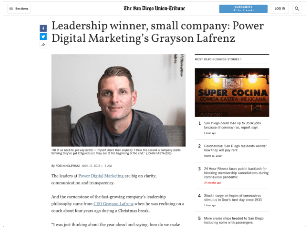 San Diego Union Tribune Recognizes Power Digital CEO, Grayson Lafrenz as it’s 2020 Leadership Award Winner