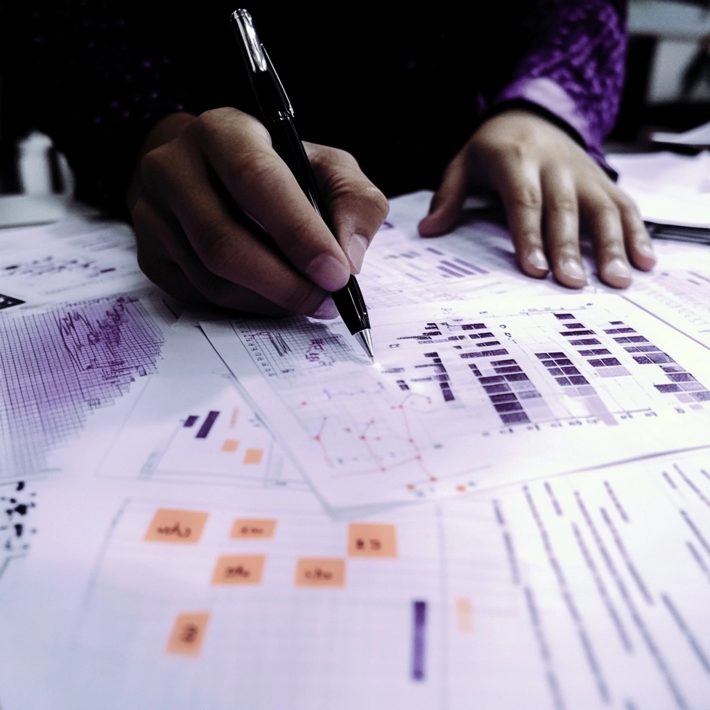 individual running a pestle analysis, individual writing on paper with graqphs